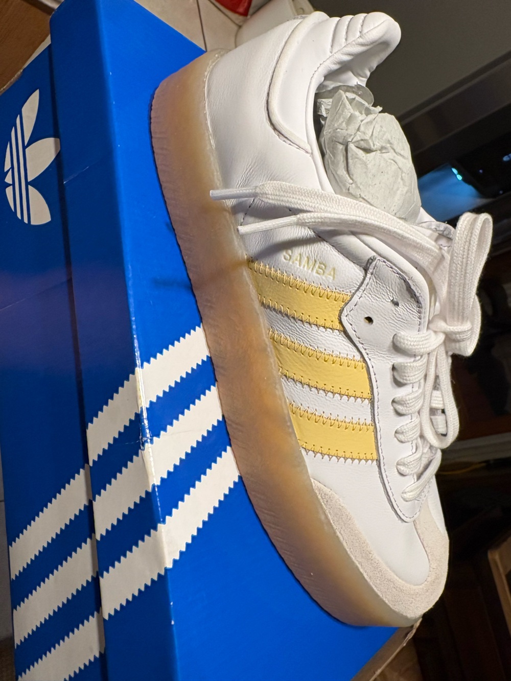 Adidas Womens Samba Leather Sneaker - White with Yellow Stripes